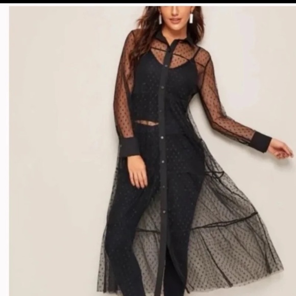 Zara Sheer Mesh Polka Dot Button Down Maxi Shirt Dress size Small - Picture 7 of 12